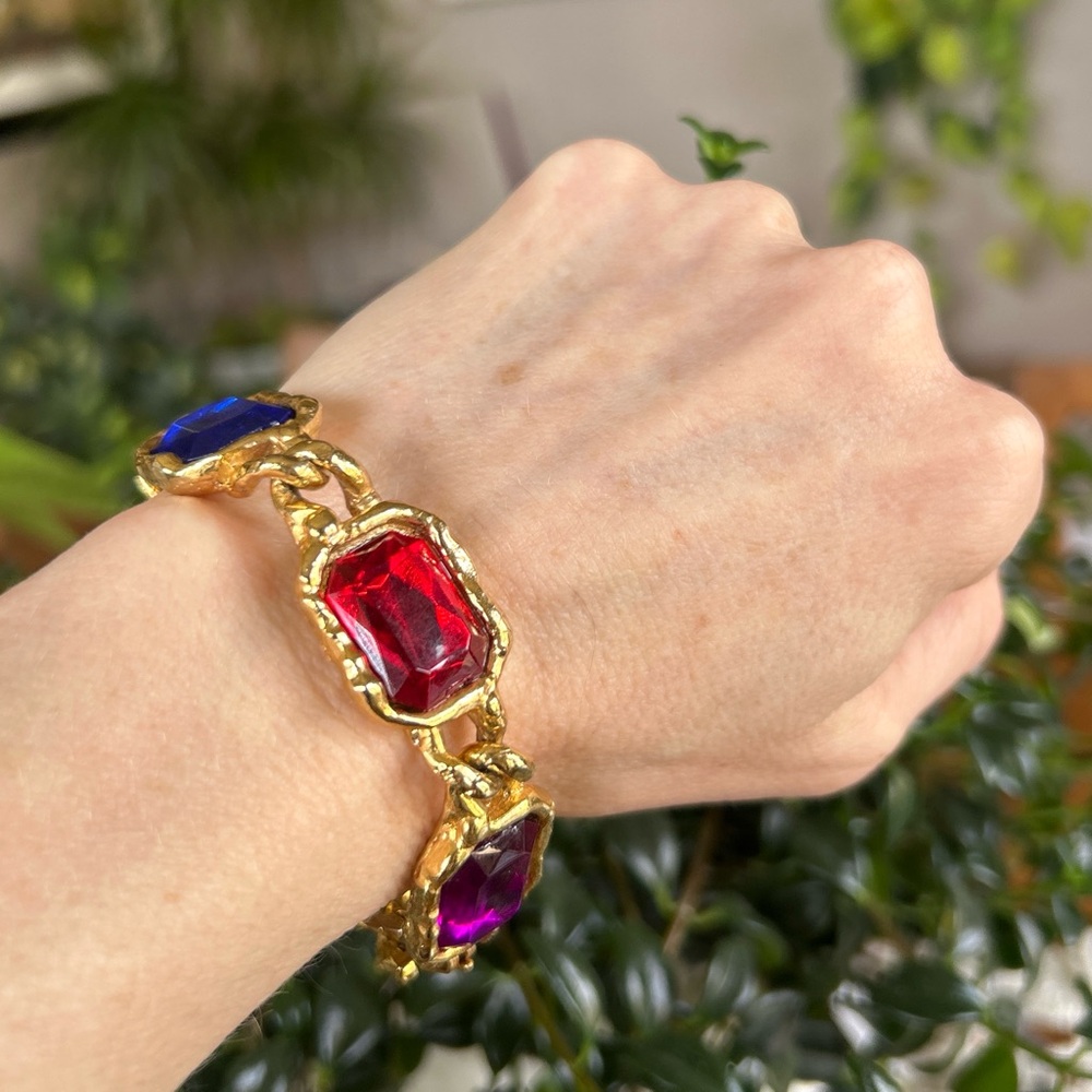 Vintage Gold-Tone Multicolor Glass Stone Link Bracelet - Picture 2 of 4